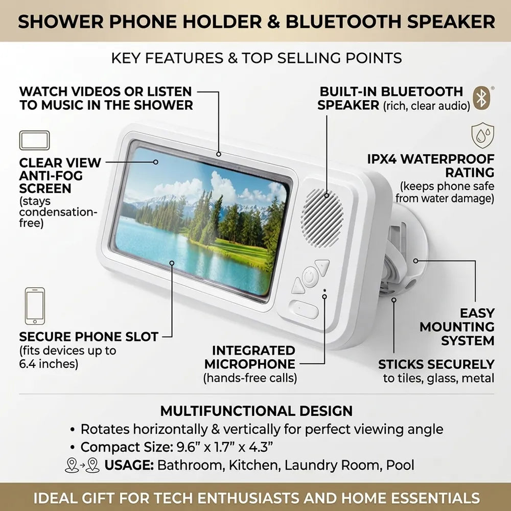 A white shower phone holder and Bluetooth speaker shown on a beige infographic background with callout lines and text describing key features such as built-in Bluetooth speaker, clear anti-fog screen, secure phone slot, and waterproof rating.