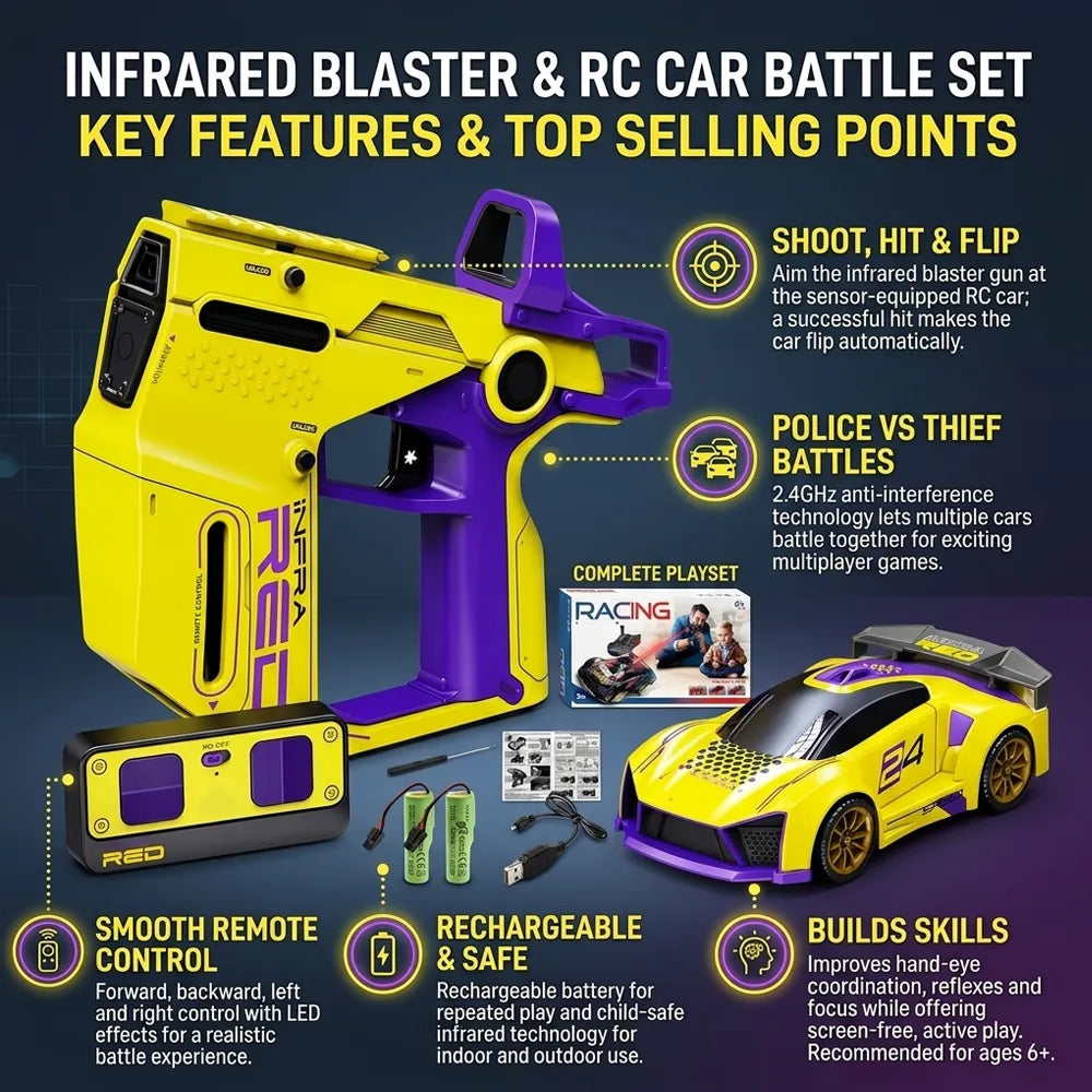 Bring home the ultimate action-packed police vs. thief battle game. The Skaleups RC Sensor Shooting Car combines high-speed remote-control racing with immersive infrared combat. Perfect for kids and hobbyists alike, this tactical battle car turns any floor into a live-action arena where precision aiming meets high-speed maneuvering.