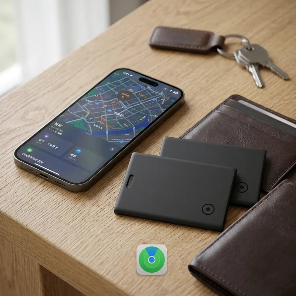 Three black rectangular smart cards or key fob cases arranged on a light wood table next to a smartphone, a brown leather wallet/card holder, and keys. A small app icon is visible near the bottom center.