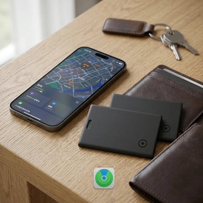 Three black rectangular smart cards or key fob cases arranged on a light wood table next to a smartphone, a brown leather wallet/card holder, and keys. A small app icon is visible near the bottom center.