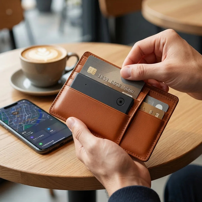 A tan leather cardholder wallet is shown open on a wooden table at a cafe, with a hand inserting a black card into one of its slots. A smartphone, a coffee cup, and another hand are visible in the scene.