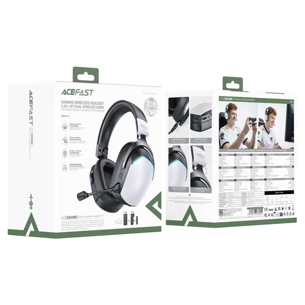 ACEFAST Ultra Low Latency Wireless Gaming Headset with RGB Lighting, Detachable 50mm Microphones, and 2.4G Bluetooth Speaker