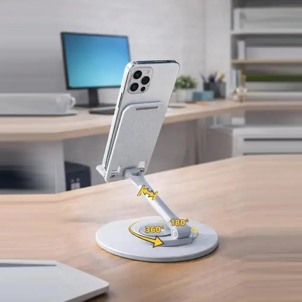 DENX Desktop Tablet & Phone Holder - Model DX1268, 360° Rotating Base, 180° Adjustable Angle, Foldable & Portable Design - Grey/Silver.