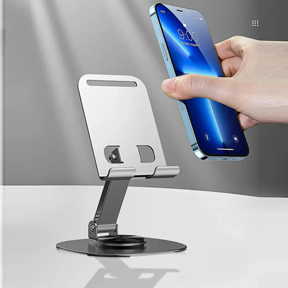 DENX Desktop Tablet & Phone Holder - Model DX1268, 360° Rotating Base, 180° Adjustable Angle, Foldable & Portable Design - Grey/Silver.