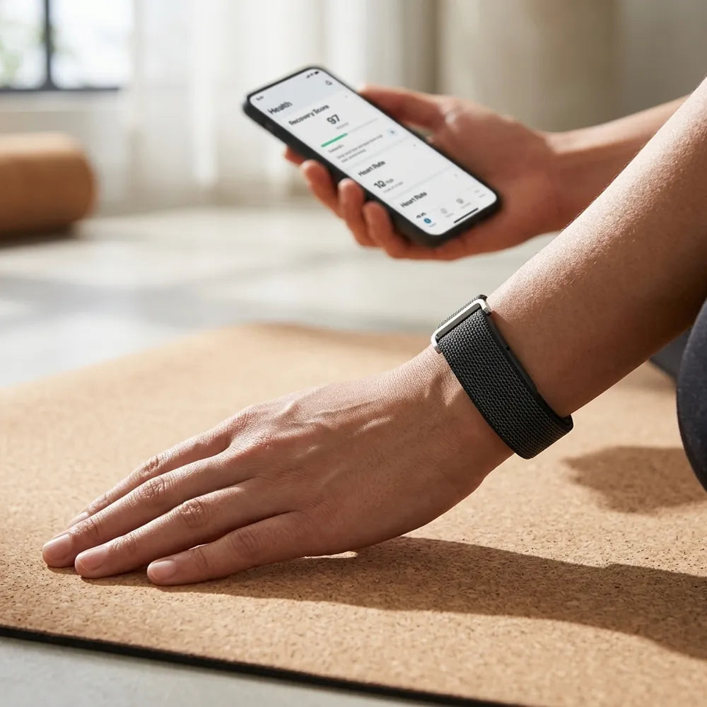 A person wearing a black smartwatch with a woven band rests one hand on a cork yoga mat while holding a smartphone in the other hand, with a softly blurred indoor background.