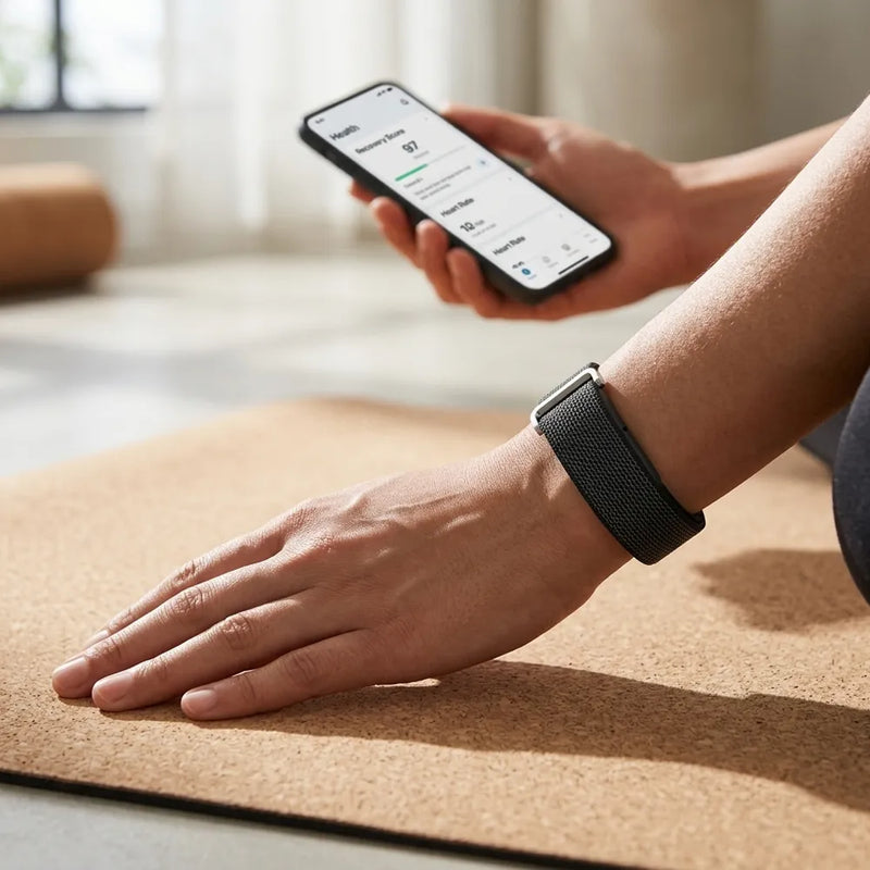 A person wearing a black smartwatch with a woven band rests one hand on a cork yoga mat while holding a smartphone in the other hand, with a softly blurred indoor background.