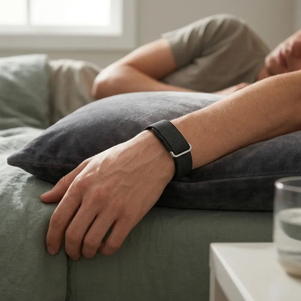 A close-up of a person resting on a bed with a dark gray pillow, wearing a black mesh smartwatch with a silver buckle.