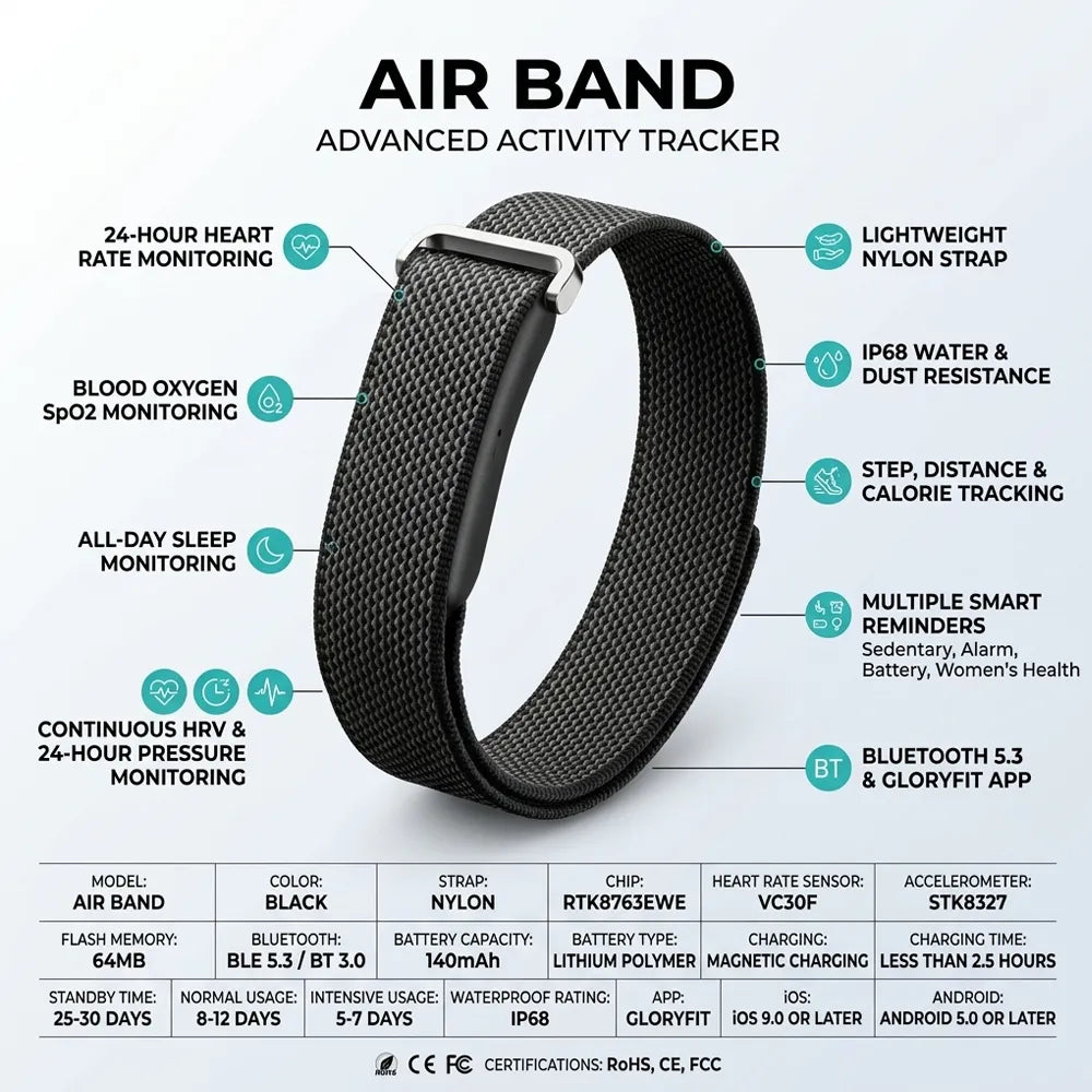A black woven nylon smart activity band with a silver buckle, shown on a light gray background with feature callouts and a specification table. The image includes text such as 24-hour heart rate monitoring, blood oxygen SpO2 monitoring, lightweight nylon strap, and Bluetooth 5.