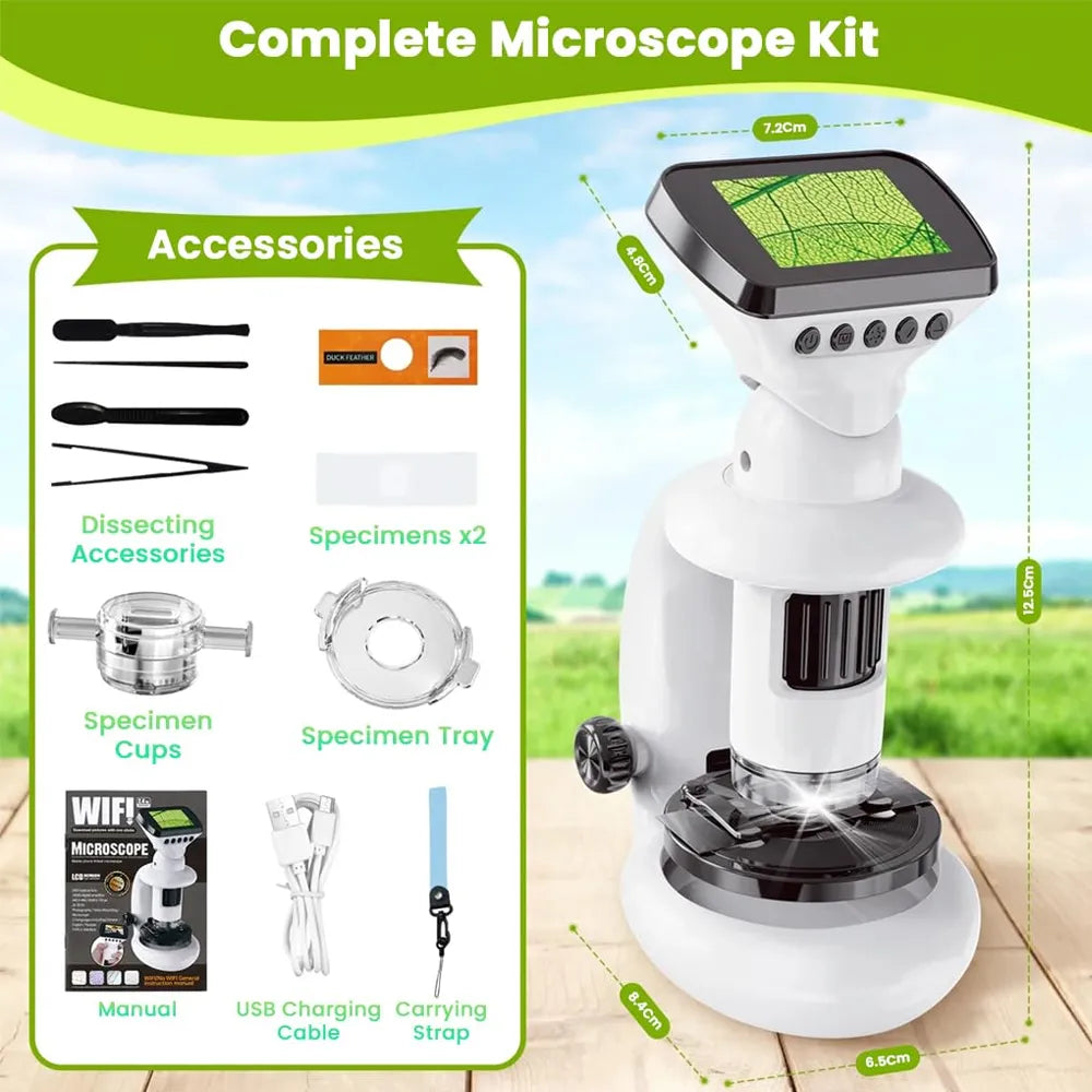 White and black complete microscope kit shown with accessories on a light wood surface against a blurred green outdoor background. The image includes a product diagram with dimensions, accessory icons and names, and a manual box.