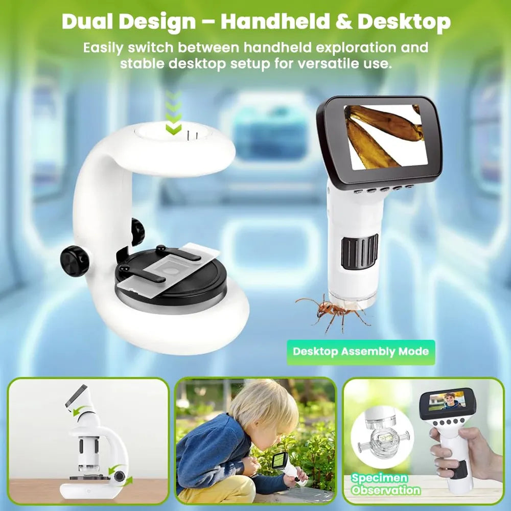An educational bug observation kit shown in both handheld and desktop assembly modes, featuring a white and black magnifying microscope with a screen, accompanied by inset images demonstrating use in a classroom and by a child.