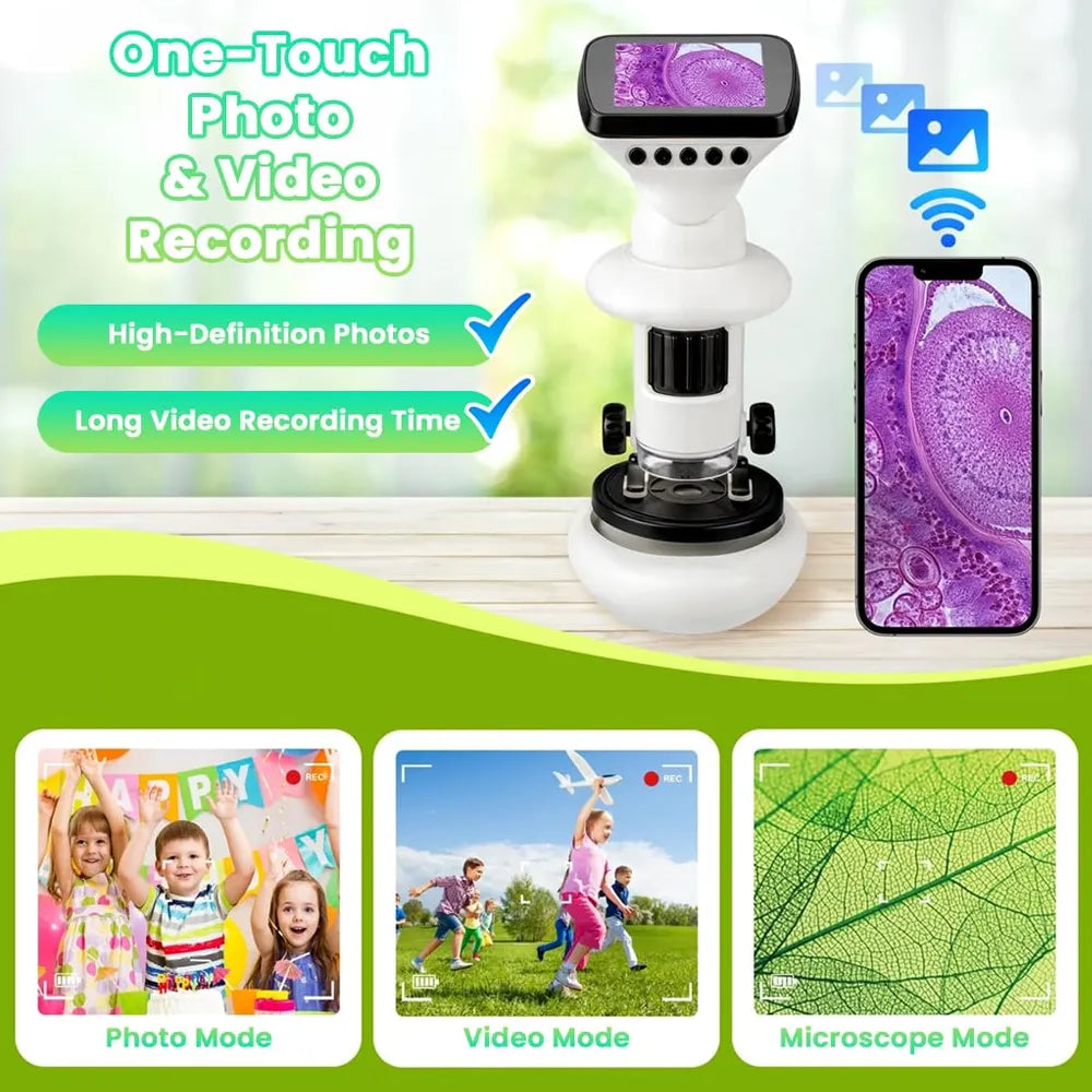 A white and black one-touch photo and video recording microscope shown on a light wood surface with a smartphone displaying a purple macro image. The graphic includes marketing text ('One-Touch Photo & Video Recording', 'High-Definition Photos', 'Long Video Recording Time'), blue connectivity icons, and three mode panels at the bottom labeled Photo Mode, Video Mode, and Microscope Mode.
