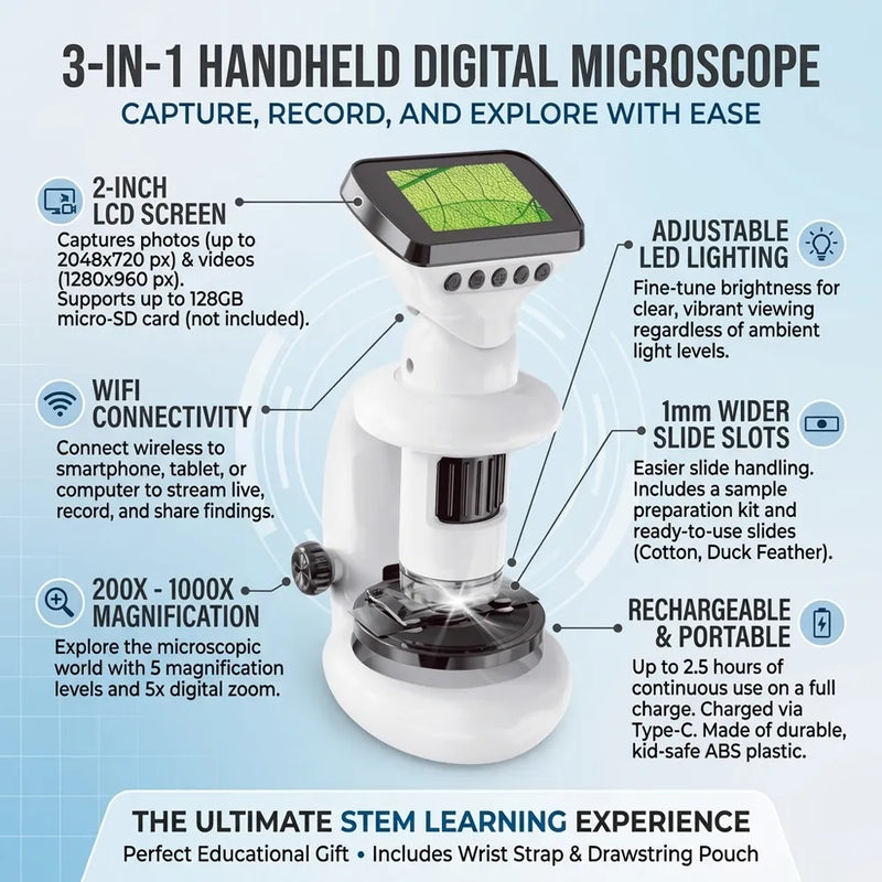 An infographic detailing the features of a 3-in-1 handheld digital microscope, including its 2-inch LCD screen, adjustable LED lighting, WiFi connectivity, 200x-1000x magnification, and rechargeable portability, set against a light blue background.