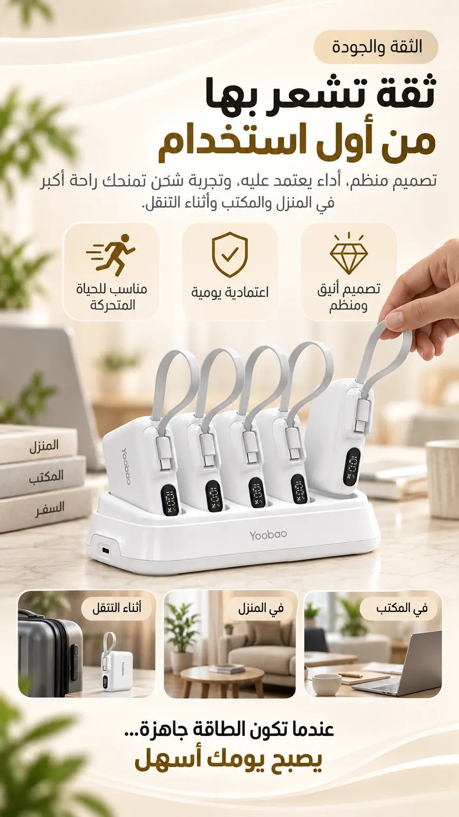 محطة شحن يوباو 5 في 1 سعة 50000 مللي أمبير 20 واط، مؤشرات LED ذكية، USB-C