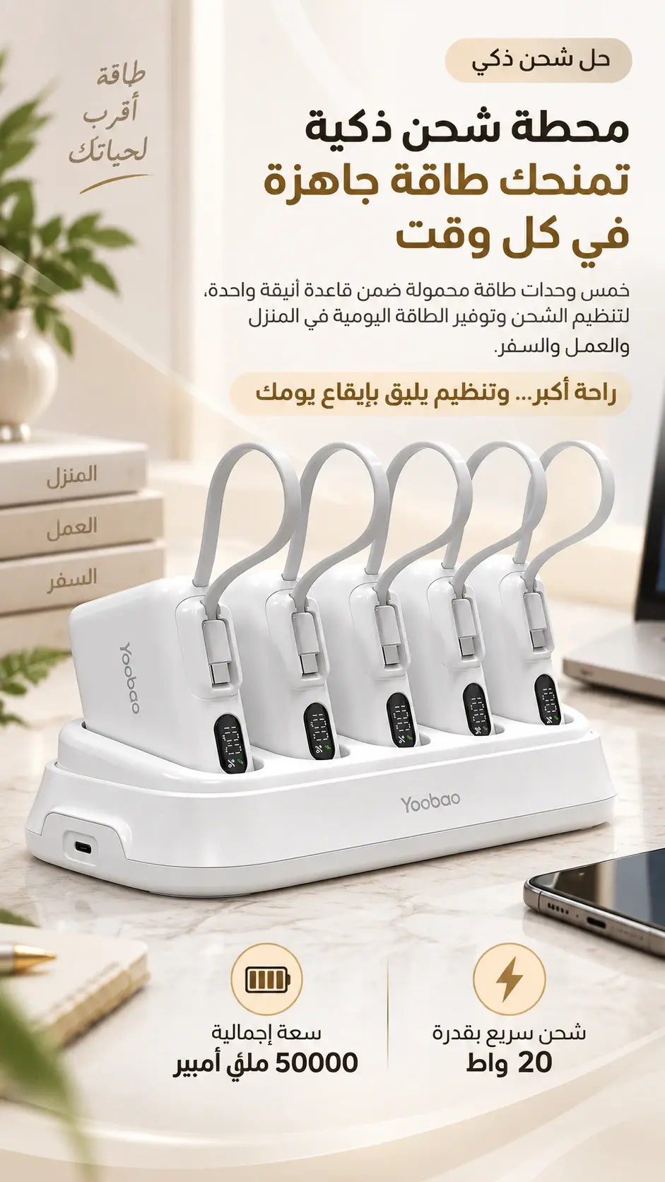 محطة شحن يوباو 5 في 1 سعة 50000 مللي أمبير 20 واط، مؤشرات LED ذكية، USB-C