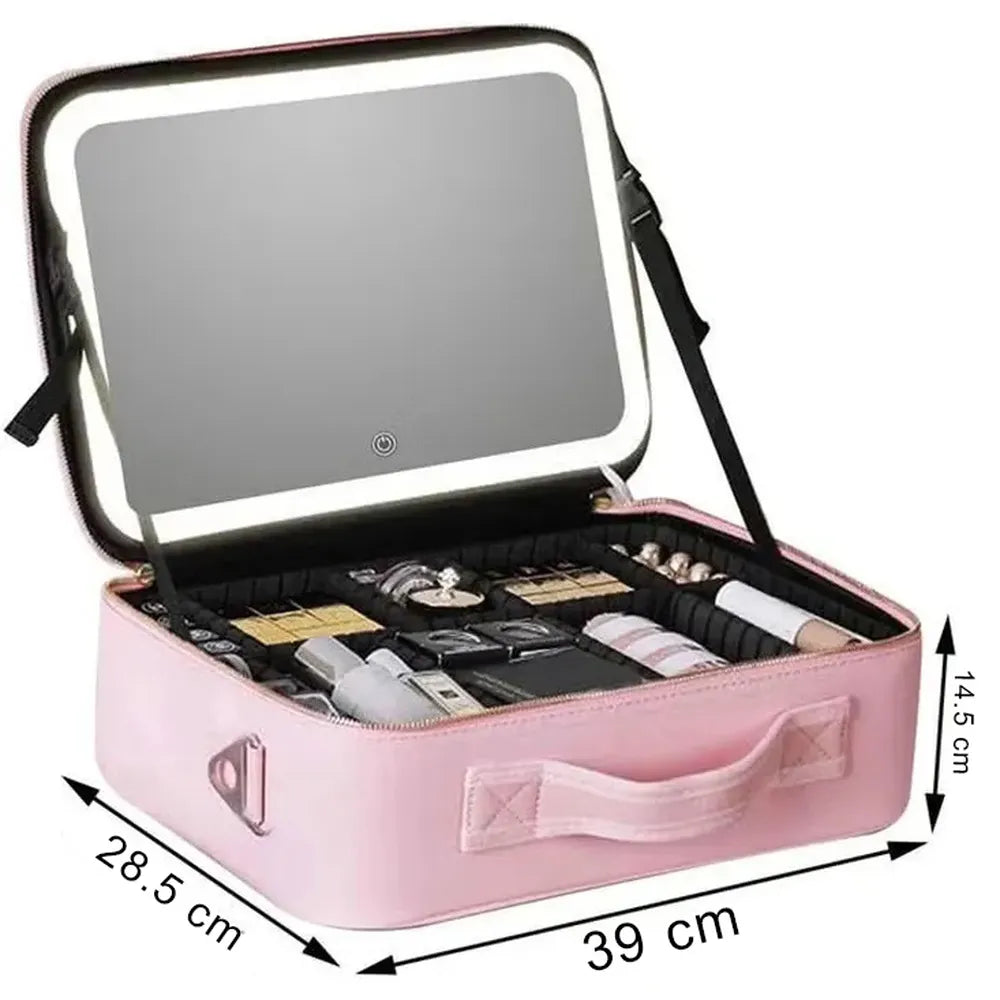 Smart LED Cosmetic Case with Mirror Travel Makeup Bag USB Rechargeable 2000mAh Battery - Pink Size 39 cm