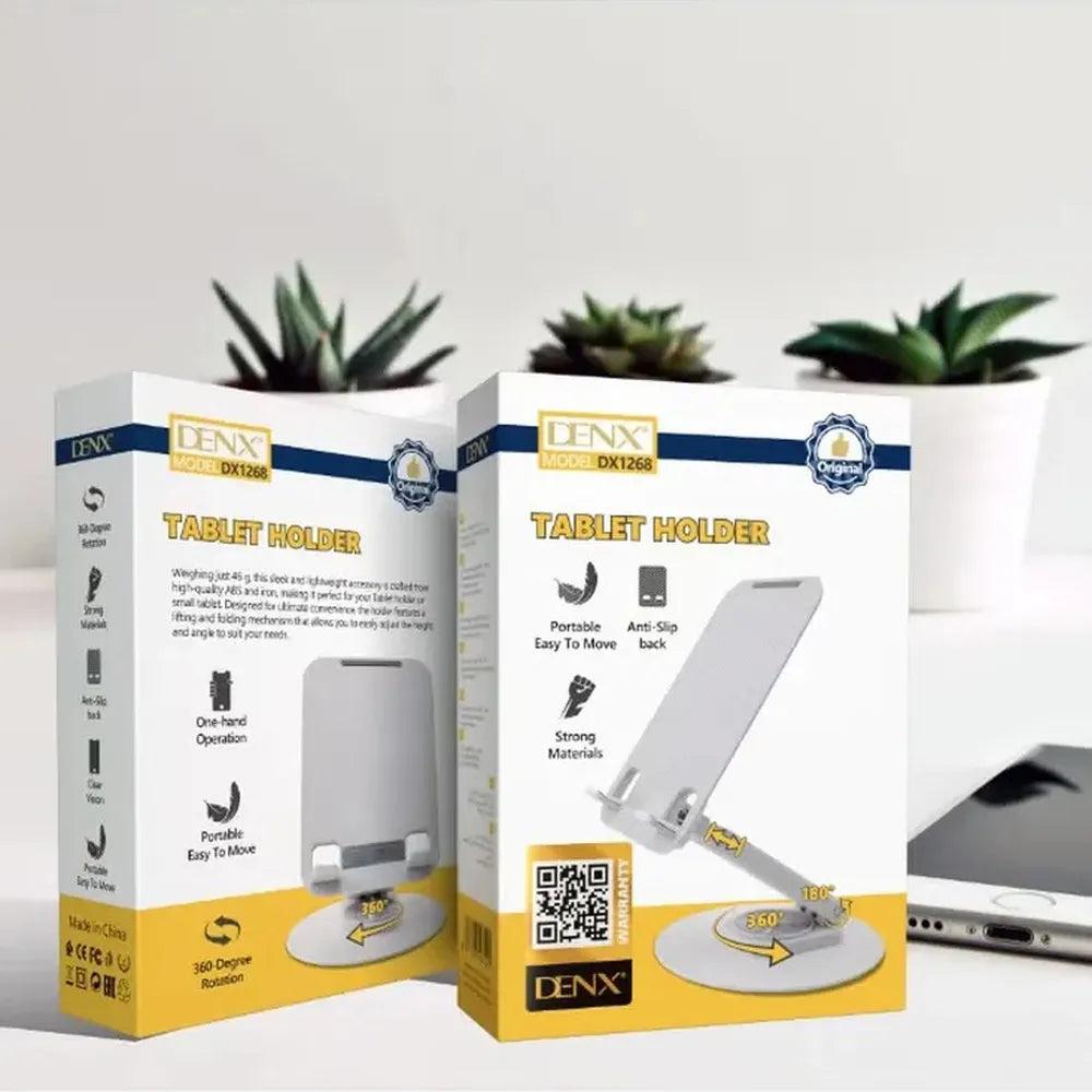 DENX Desktop Tablet & Phone Holder - Model DX1268, 360° Rotating Base, 180° Adjustable Angle, Foldable & Portable Design - Grey/Silver.