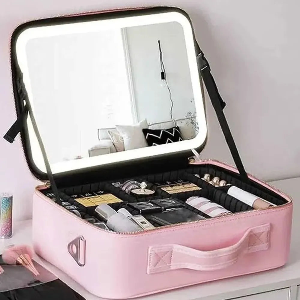 Smart LED Cosmetic Case with Mirror Travel Makeup Bag USB Rechargeable 2000mAh Battery - Pink Size 39 cm
