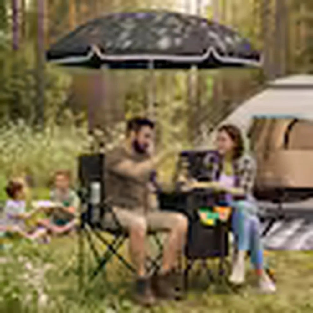 Double Folding Picnic Chairs – Portable 2-Seat Camping Chair with Adjustable Umbrella, Cooler Bag & Beverage Holders Color Black-10