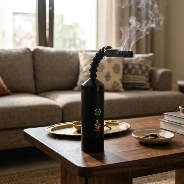 A black cylindrical portable steam device with a flexible hose and visible rising steam, placed on a wooden table in a living room setting with a sofa in the background.