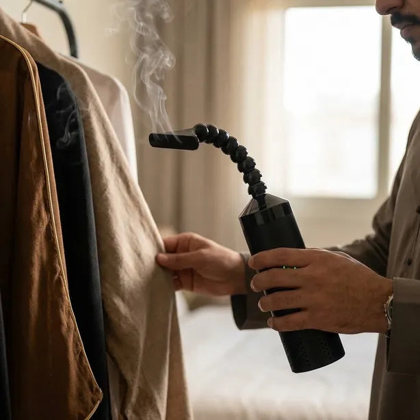 A man steaming a beige jacket on a clothing rack indoors. He is holding a black handheld steamer with a flexible hose, and steam is visibly rising from the garment.