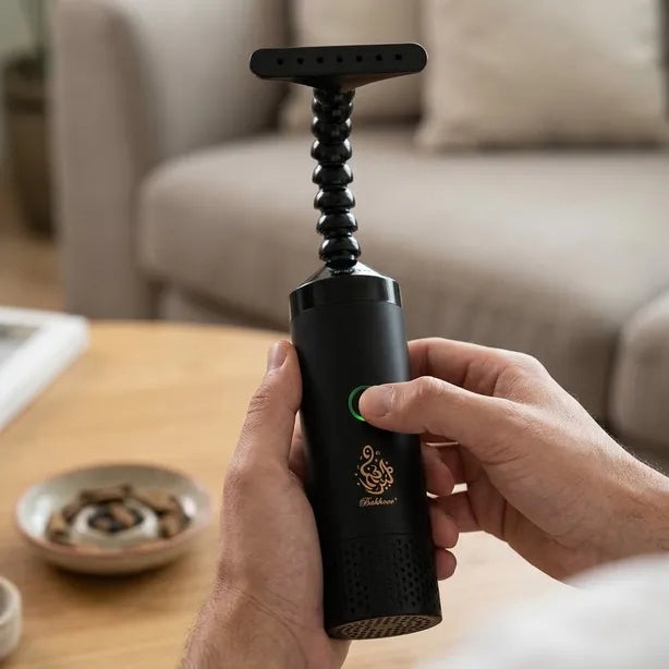 A person holds a black handheld electric shaver with a flexible neck and T-shaped head in a living room setting, with a sofa and table visible in the blurred background.