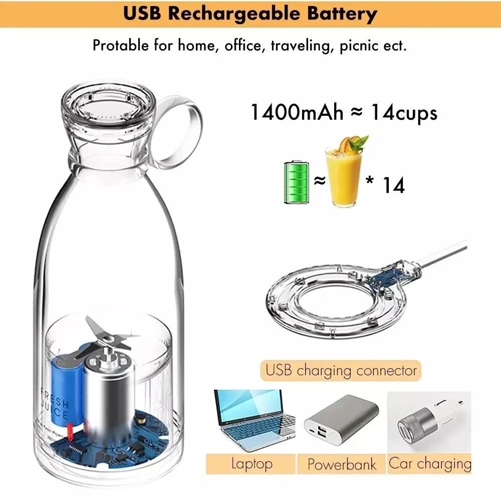 Portable 4 Blades Rechargeable Glass Blender 350ml 1400mAh Battery USB Rechargeable - Pink