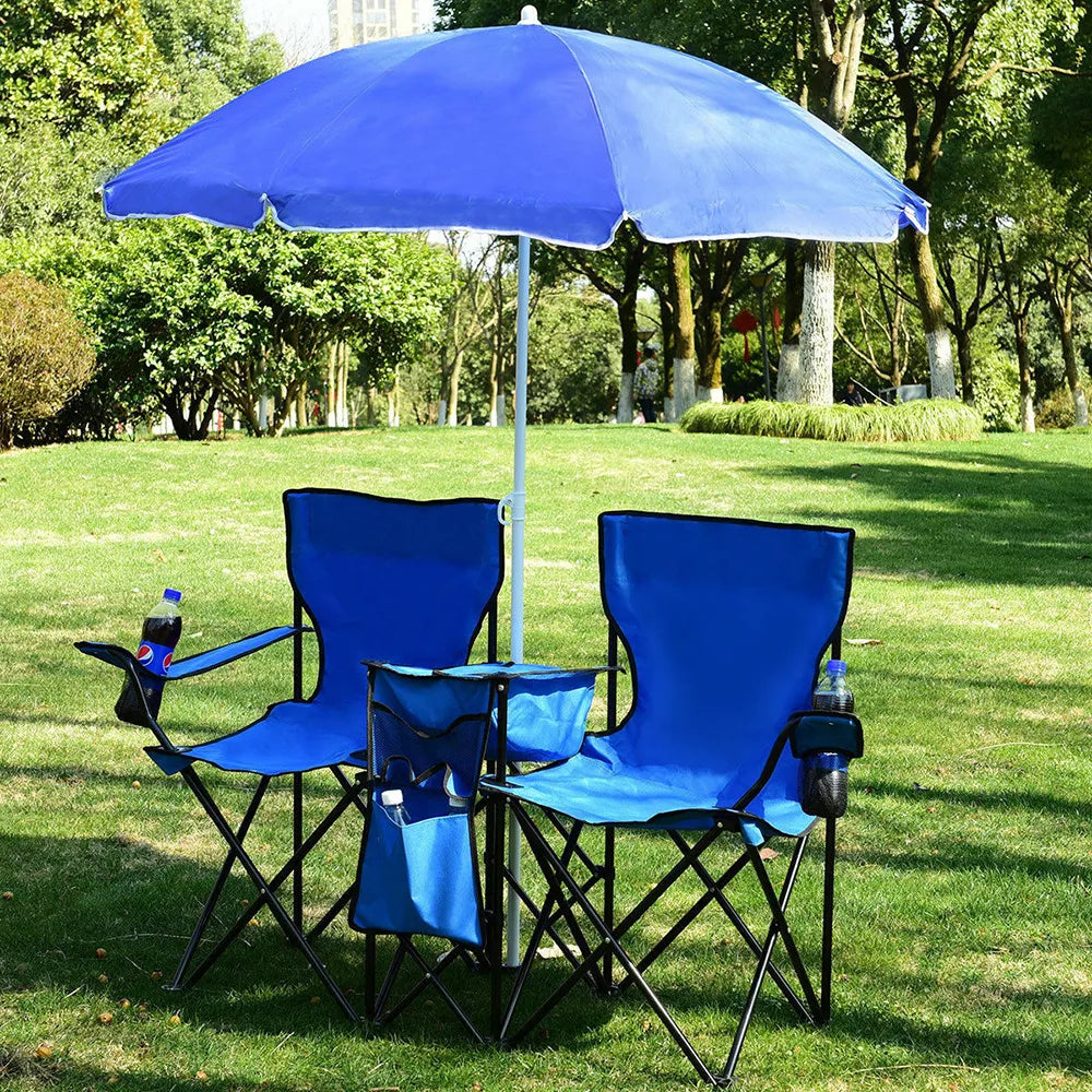 Double Folding Picnic Chairs – Portable 2-Seat Camping Chair with Adjustable Umbrella, Cooler Bag & Beverage Holders