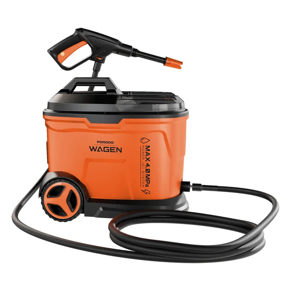 An orange and black portable pressure washer with a hose, shown on a clean white background. The brand name 'WAGEN' is visible on the side of the container.
