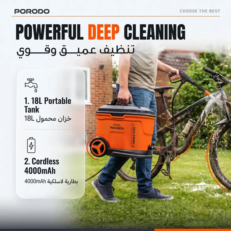 A person outdoors on grass carries an orange and black Porodo WAGEN cordless portable tank pressure washer next to a bicycle, with water spray visible. The image includes marketing text in English and Arabic highlighting the 18L portable tank and 4000mAh cordless battery.
