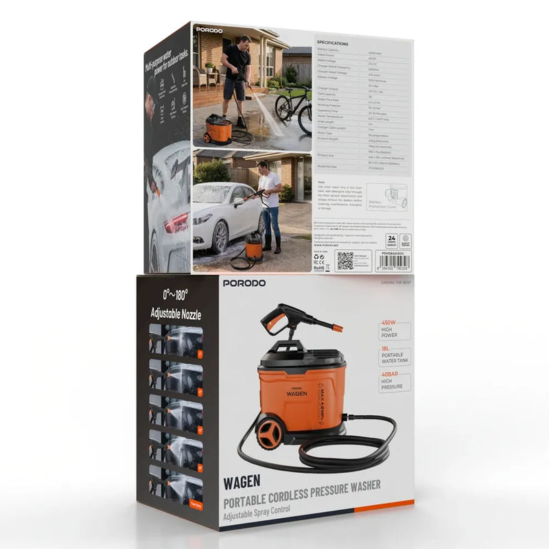 Two retail boxes for a portable cordless pressure washer shown on a white studio background. The front box displays the orange and black washer with nozzle and hose, and the rear box shows usage photos, specifications, and product details.