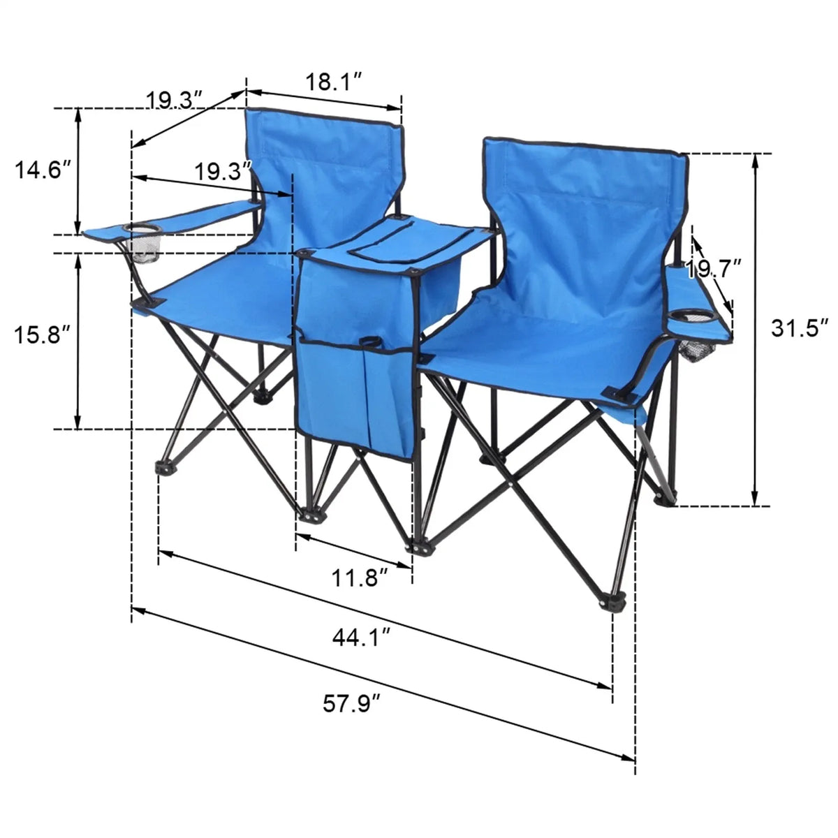 Double Folding Picnic Chairs – Portable 2-Seat Camping Chair with Adjustable Umbrella, Cooler Bag & Beverage Holders